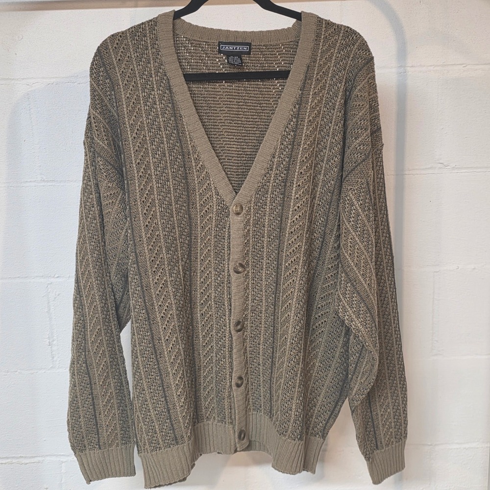 Vintage Jantzen‎ Mens XL V-Neck Button Front Cardigan Sweater Tan Grandpacore